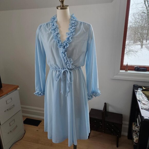Vintage 1970s Sheer Blue Ruffle Dress | Faux Wrap & Stretch Waist - Picture 1 of 3